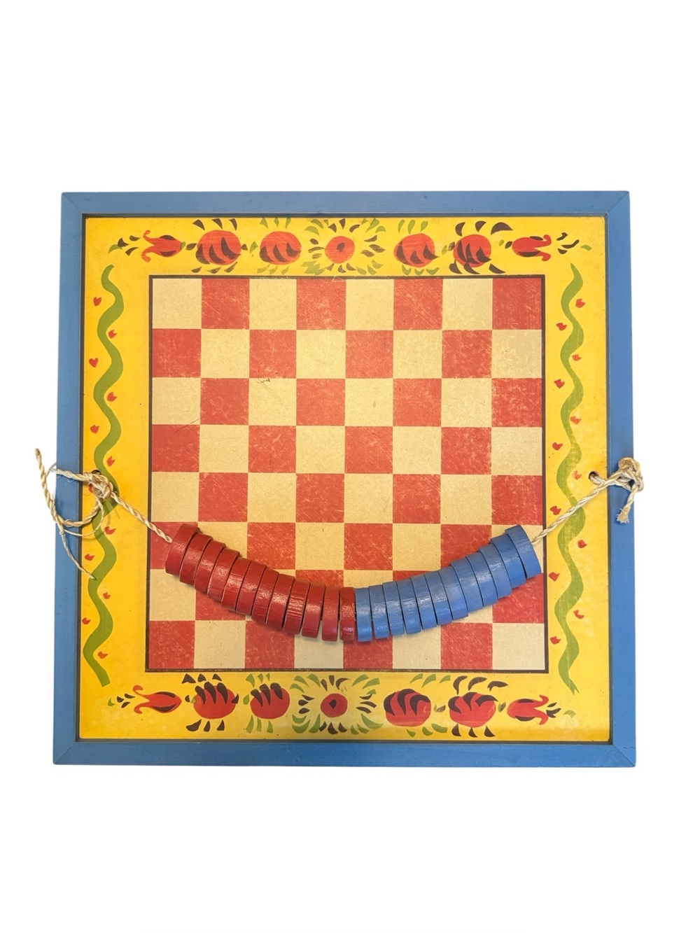 Vintage Folk Art Yellow and Blue Wooden Checkerboard Set